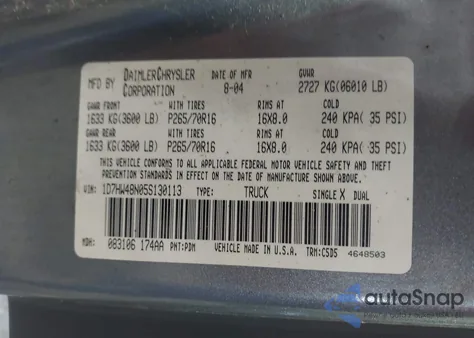 2005 Dodge Dakota Slt z USA, uszkodzony, nr VIN 1D7HW48N05S130113